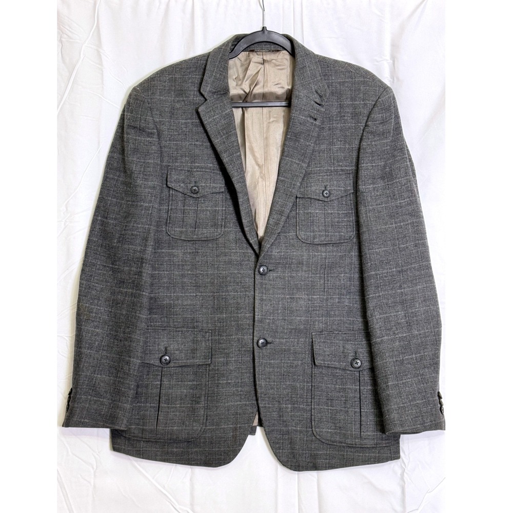 Perry Ellis Mens Gray Plaid Sport Coat Jacket‎ Blazer 44 REG